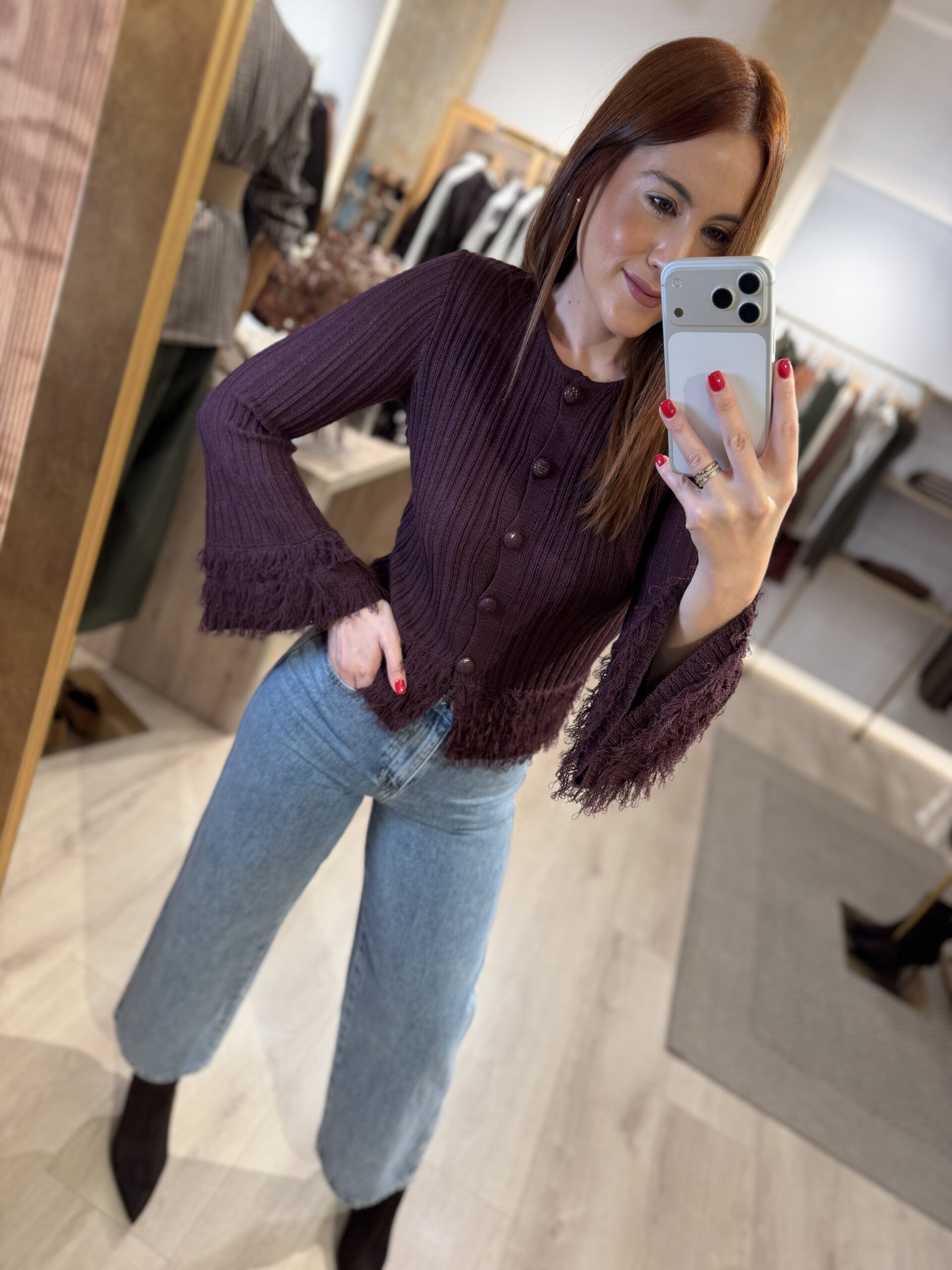 Cardigan burdeos flecos