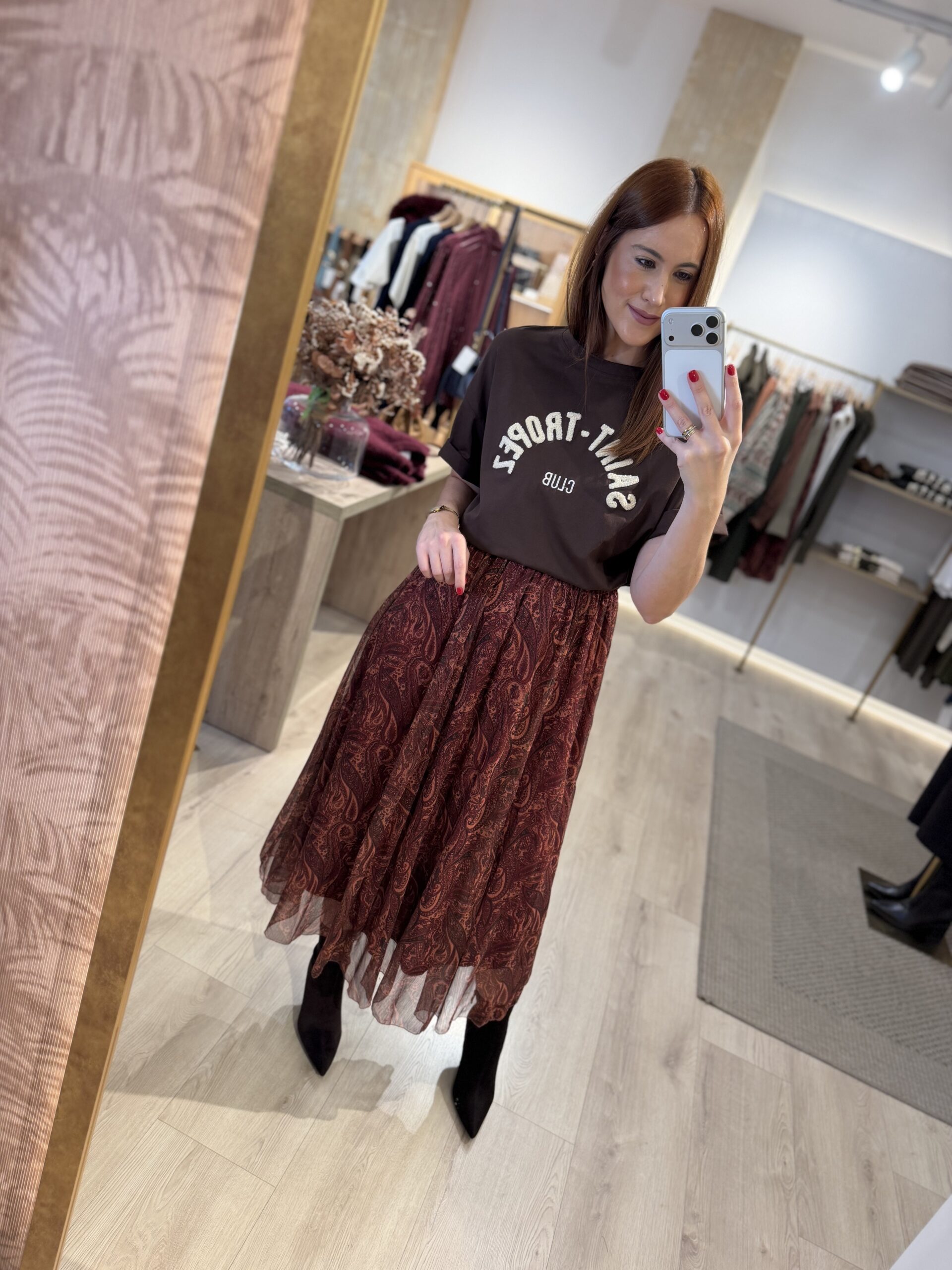 Falda midi estampada terracota